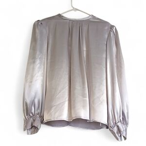 Lilli Ann Vintage Silver Satin Blouse High Neck Shoulder Pads 60s 70s Metallic